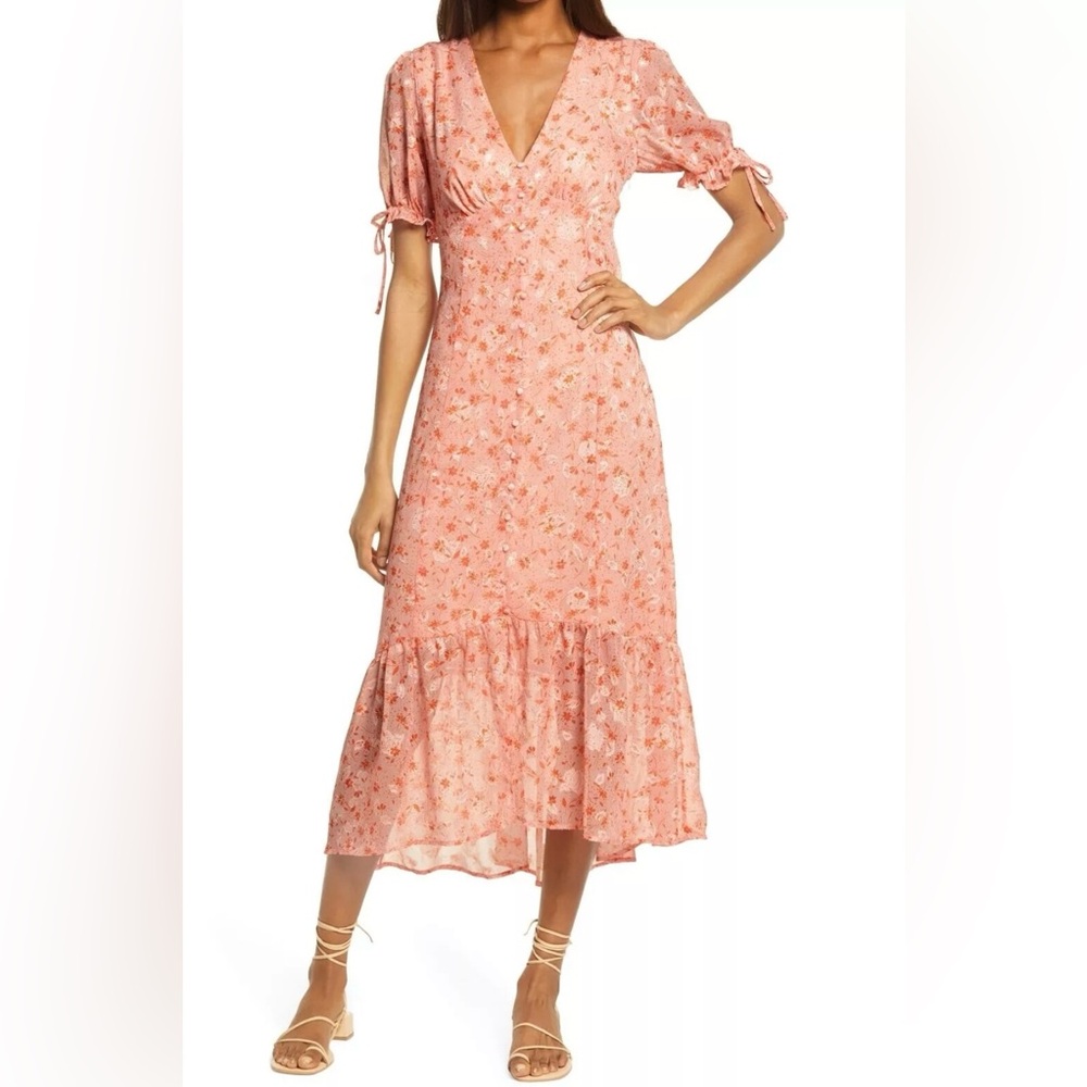 Chelsea 28 Prairie Coral Floral Tie Sleeve Ruffle Hem Midi Dress Size L(12/14)⭐️